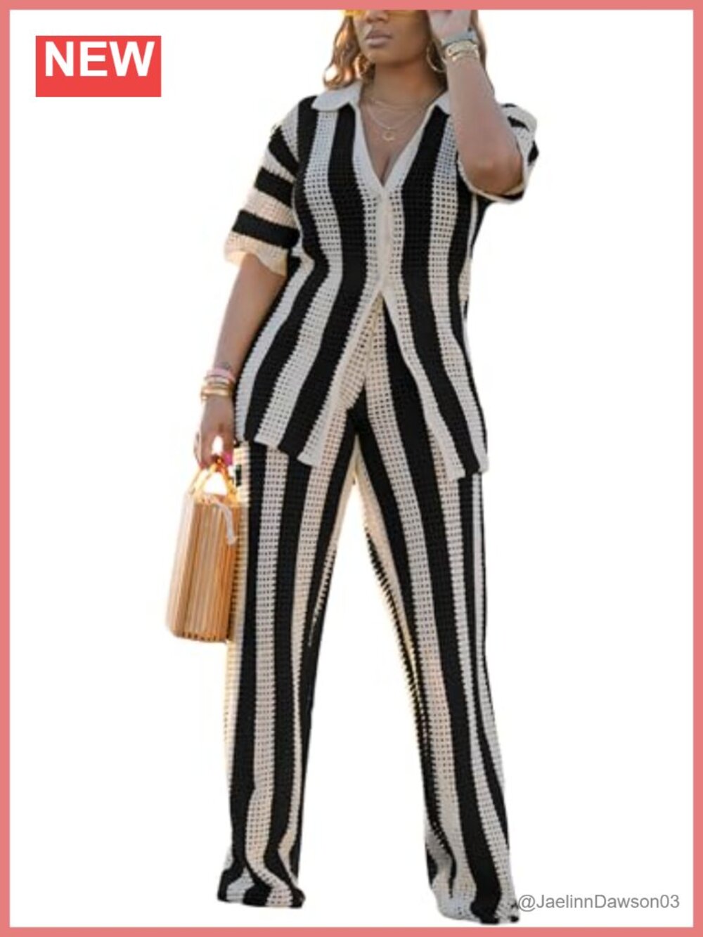 Women's Striped Knit 2-Piece Set Open Cardigan & Wide Leg Pants Polyester
